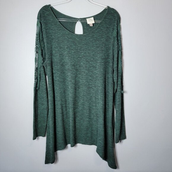 Knox Rose Green Top Plus Size XXL Crochet Lace Long Sleeve Shark Bite Hem Ribbed - Picture 2 of 7